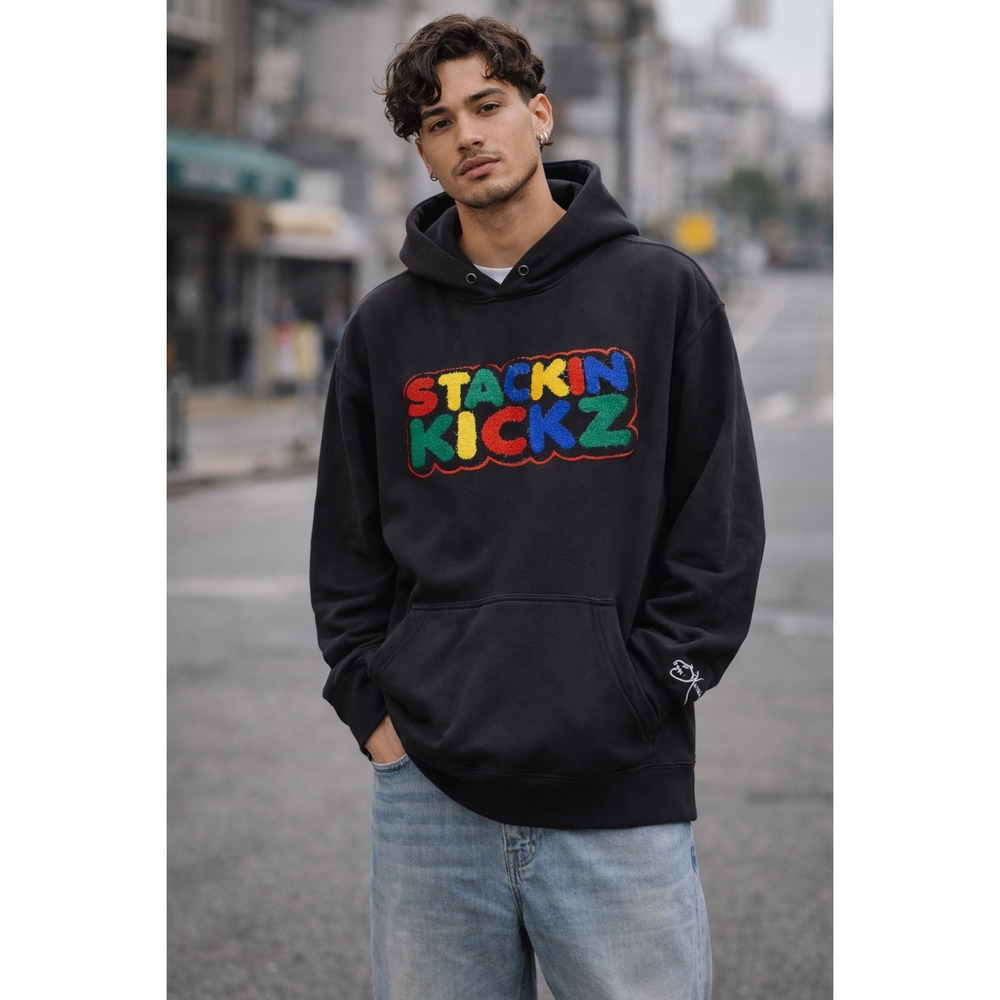 Stackin Kickz Black Chenille Patch‎ Graphic Hoodie Mens 2XL Streetwear Oversized